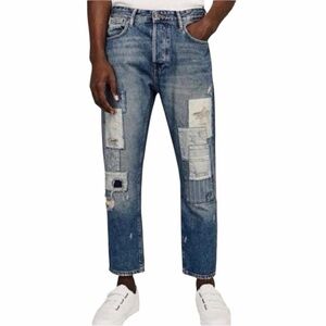 Zara Man Med Wash Distressed Patchwork Button Fly Slim Straight Leg Jeans - 31